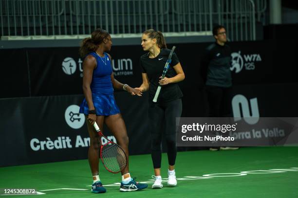 Panova and A. Parks in action against Victoria Jimenez and Georgina Garcia Perez in doubles during the Credit Andorra Open Women's Tennis Association...