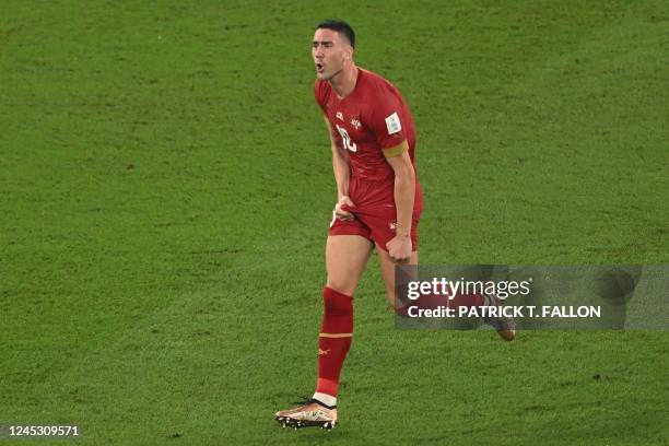 Serbia's forward Dusan Vlahovic celebrates scoring his team's second goal during the Qatar 2022 World Cup Group G football match between Serbia and...