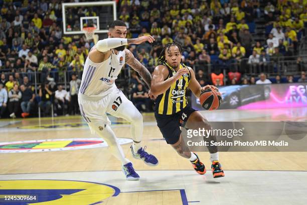 Carsen Edwards of Fenerbahce Beko and Vincent Poirier of Real Madrid in action during the 2022-23 Turkish Airlines EuroLeague Regular Season Round 11...
