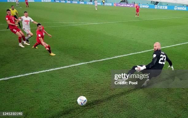 Switzerland's Remo Freuler scores their third goal during the FIFA World Cup Qatar 2022 Group G match between Serbia and Switzerland at Stadium 974...