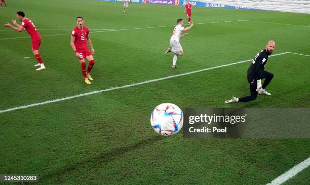 Switzerland's Remo Freuler celebrates scoring their third goal as Serbia's Vanja Milinkovic-Savic and Sasa Lukic look dejected during the FIFA World...