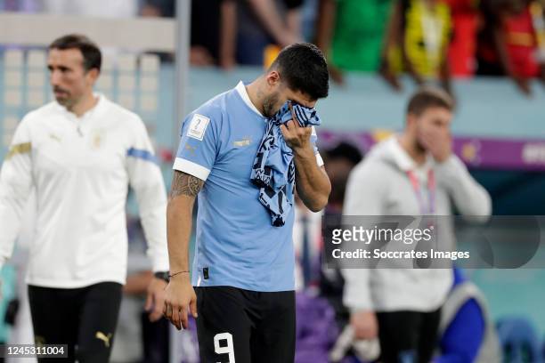Luis Suarez of Uruguay disappointed in tears during the World Cup match between Ghana v Uruguay at the Al Janoub Stadium on December 2, 2022 in Al...