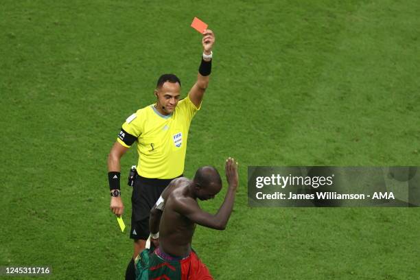 Vincent Aboubakar of Cameroon is shown a Red Card after removing his shirt during his goal celebration during the FIFA World Cup Qatar 2022 Group G...