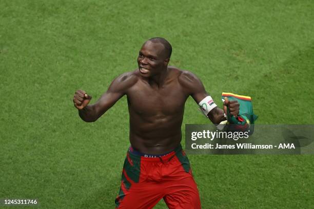 Vincent Aboubakar of Cameroon celebrates after scoring a goal to make it 1-0 during the FIFA World Cup Qatar 2022 Group G match between Cameroon and...