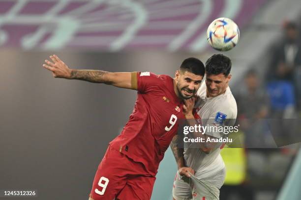 Aleksandar Mitrovic of Serbia in action during the FIFA World Cup Qatar 2022 Group G match between Serbia and Switzerland at Stadium 974 in Doha,...