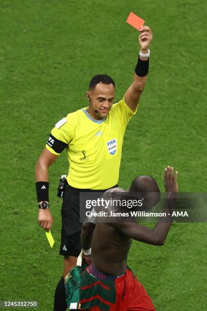 Vincent Aboubakar of Cameroon is shown a Red Card after removing his shirt during his goal celebration during the FIFA World Cup Qatar 2022 Group G...