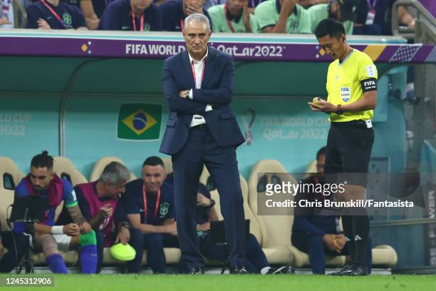 Brazil Manager Tite looks on during the FIFA World Cup Qatar 2022 Group G match between Cameroon and Brazil at Lusail Stadium on December 2, 2022 in...