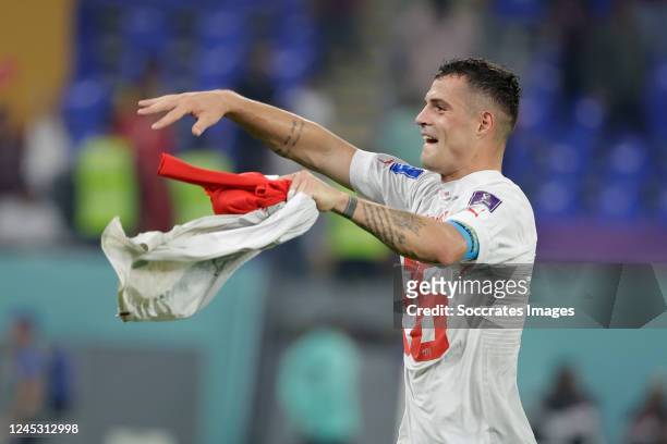 Granit Xhaka of Switzerland celebrates the victory during the World Cup match between Serbia v Switzerland at the Stadium 974 on December 2, 2022 in...