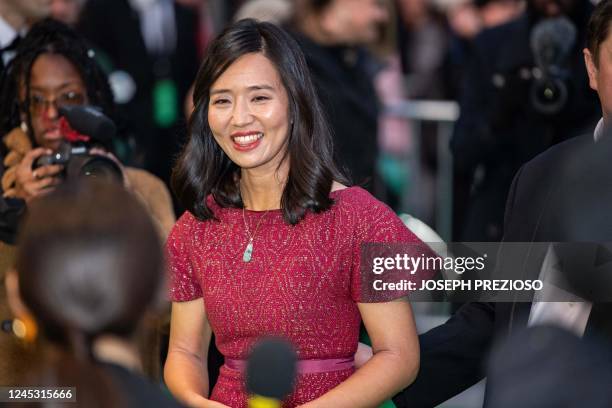 Boston Mayor Michelle Wu arrives and walks the green carpet at the Earthshot Prize awards at the MGM Music Hall in Boston, Massachusetts on December...