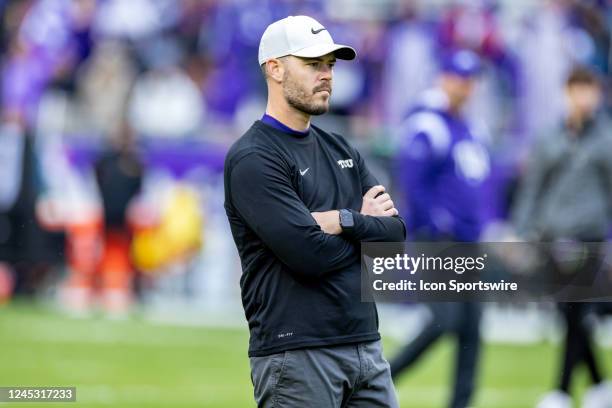 Offensive coordinator Garrett Riley looks on during warmups during the college football game between the Iowa State Cyclones and TCU Horned Frogs on...