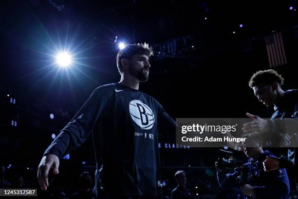 Joe Harris of the Brooklyn Nets is introduced before the first half against the Toronto Raptors at Barclays Center on December 2, 2022 in New York...