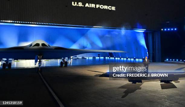 Secretary of Defense Lloyd Austin speaks at the B-21 Raider unveiling ceremony at Northrop Grumman's Air Force Plant 42 in Palmdale, California,...