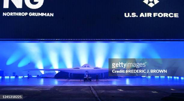 The new B-21 Raider is unveilled during a ceremony at Northrop Grumman's Air Force Plant 42 in Palmdale, California, December 2, 2022. - The...