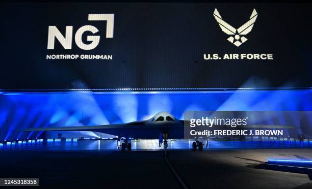 The B-21 Raider is unveiled during a ceremony at Northrop Grumman's Air Force Plant 42 in Palmdale, California, December 2, 2022. - The high-tech...