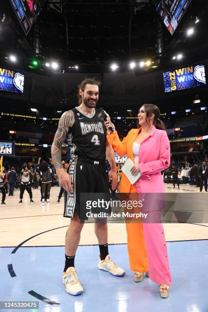 Steven Adams of the Memphis Grizzlies is interviewed after the win against the Philadelphia 76ers on December 2, 2022 at FedExForum in Memphis,...