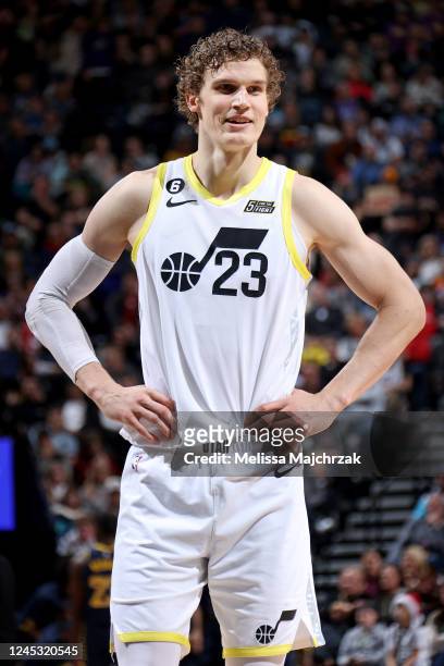 Lauri Markkanen of the Utah Jazz looks on during the game against the Indiana Pacers on December 2, 2022 at vivint.SmartHome Arena in Salt Lake City,...