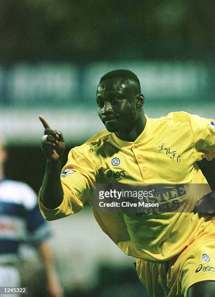 Tony Yeboah celebrates after scoring the opening goal for Leeds during the Q.P.R. V Leeds United FA Premiership game at Loftus Road, London....