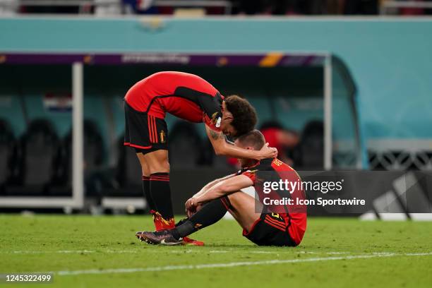 Players of Belgium Jan Vertonghen and Axel Witsel react after loss to Croatia during the FIFA World Cup Qatar 2022 group F match between Croatia and...