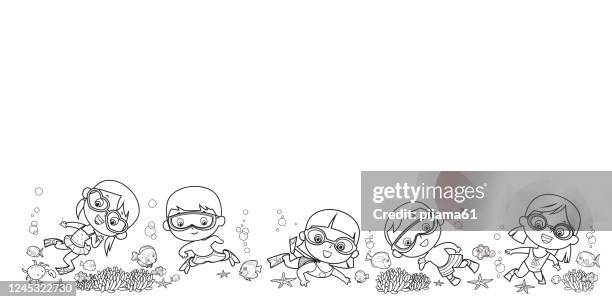 black and white,  kids have fun underwater - coloring book stock illustrations