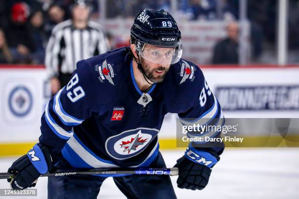 Sam Gagner of the Winnipeg Jets looks on during a second period face-off against the Columbus Blue Jackets at the Canada Life Centre on December 2,...