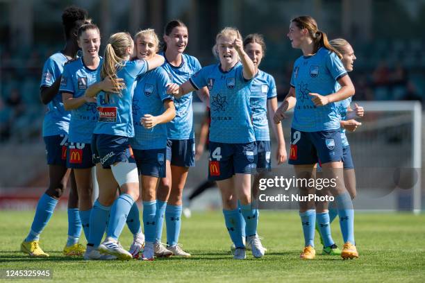 Remy Siemsen of Sydney FC celebrates with team mates after scoring a goal during the round 3 A-League Women's match between Western Sydney Wanderers...