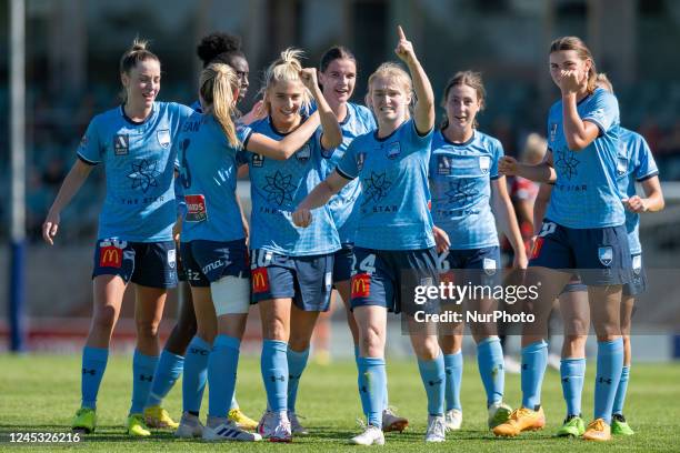 Remy Siemsen of Sydney FC celebrates with team mates after scoring a goal during the round 3 A-League Women's match between Western Sydney Wanderers...