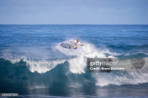 Two-time WSL Champion John John Florence of Hawaii surfs in Heat 2 of the Quarterfinals at the Haleiwa Challenger at home in The Hawaiian Islands on...