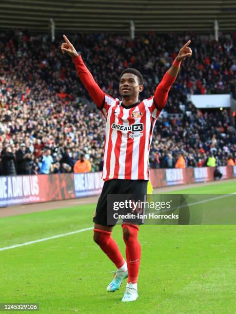 Amad Diallo of Sunderland celebrates scoring his team's first goal during the Sky Bet Championship between Sunderland and Millwall at Stadium of...