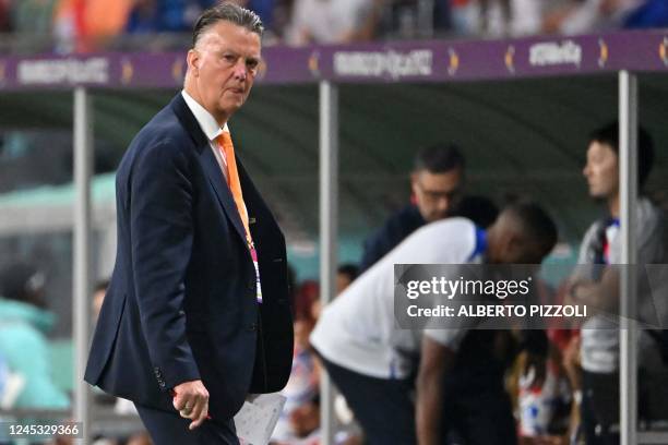 Netherlands' coach Louis Van Gaal reacts during the Qatar 2022 World Cup round of 16 football match between the Netherlands and USA at Khalifa...