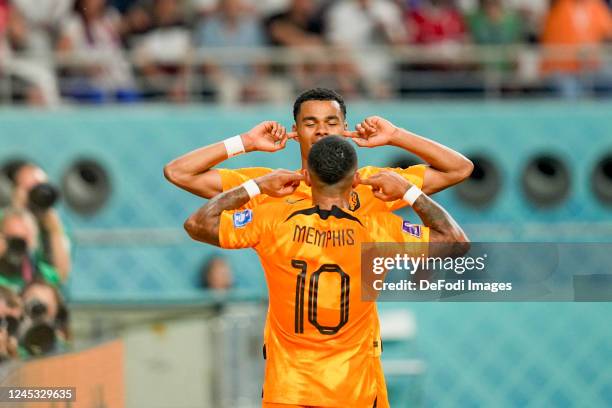 Memphis Depay of Netherlands Goal celebration, cheers after his goal for 1:0 with Cody Gakpo of Netherlands during the FIFA World Cup Qatar 2022...