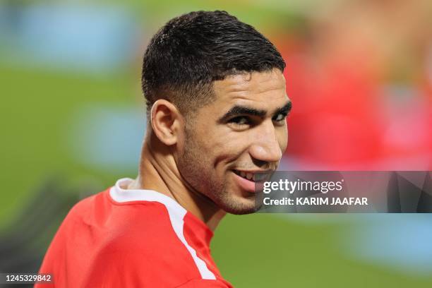 Morocco's defender Achraf Hakimi attends a training session at the Al Duhail SC Stadium in Doha on December 3, 2022 during the Qatar 2022 World Cup...