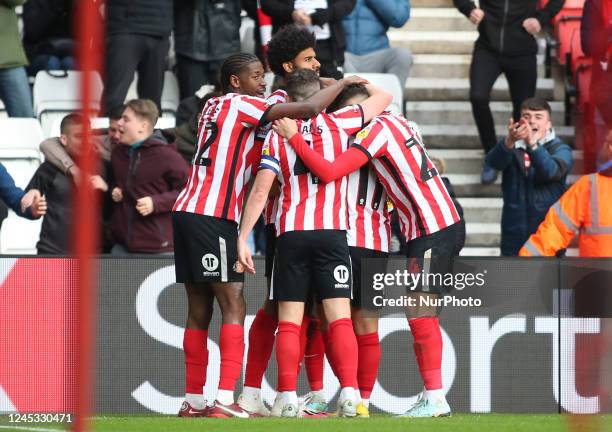 Sunderland players celebrate Sunderland's Amad Diallo goal during the Sky Bet Championship match between Sunderland and Millwall at the Stadium Of...