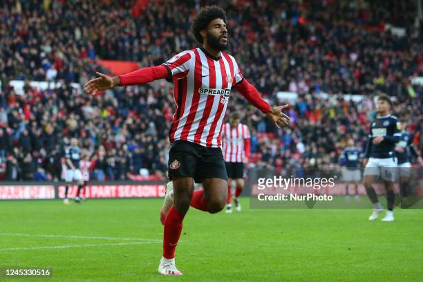 Sunderland's Ellis Simms celebrates his Goal during the Sky Bet Championship match between Sunderland and Millwall at the Stadium Of Light,...