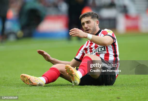 Lynden Gooch of Sunderland reacts during the Sky Bet Championship between Sunderland and Millwall at Stadium of Light on December 3, 2022 in...