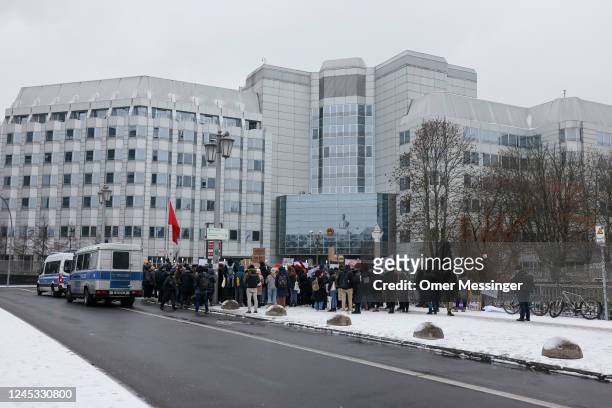 Demonstrators protest in front of the Chinese Embassy in solidarity with protesters in China on December 3, 2022 in Berlin, Germany. Protests have...