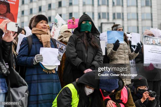 Demonstrators protest in front of the Chinese Embassy in solidarity with protesters in China on December 3, 2022 in Berlin, Germany. Protests have...