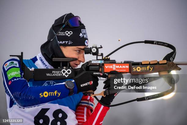 Eric Perrot of France at the shooting range during the Men 10 km Sprint at the BMW IBU World Cup Biathlon Kontiolahti on December 3, 2022 in...