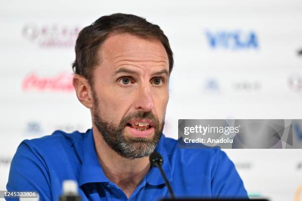 Head coach of England Gareth Southgate attends a press conference ahead of the FIFA World Cup Qatar 2022 round of 16 football match between England...