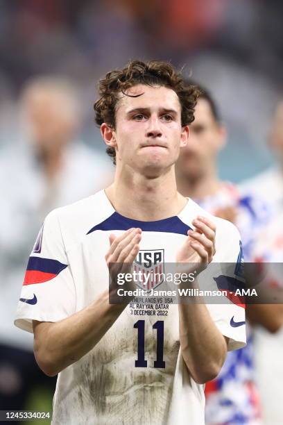 Brenden Aaronson of United States of America at full time of the FIFA World Cup Qatar 2022 Round of 16 match between Netherlands and USA at Khalifa...