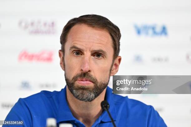 Head coach of England Gareth Southgate attends a press conference ahead of the FIFA World Cup Qatar 2022 round of 16 football match between England...