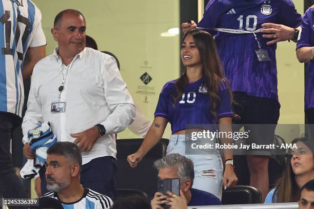 The family of Lionel Messi of Argentina including his wife, Antonela Roccuzzo wearing a shirt with the number 10 on prior to the FIFA World Cup Qatar...