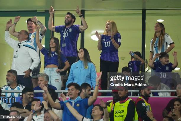 Argentina's Lionel Messi's wife Antonela Roccuzzo with their children and other family members celebrate his forst goal during of the FIFA World Cup...