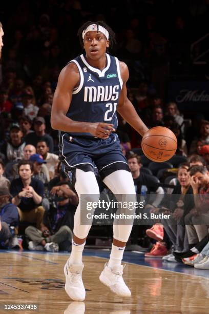 Frank Ntilikina of the Dallas Mavericks dribbles the ball during the game against the New York Knicks on December 3, 2022 at Madison Square Garden in...