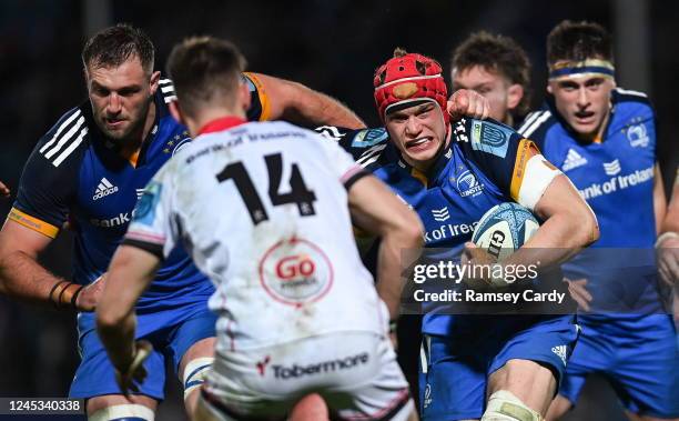 Dublin , Ireland - 3 December 2022; Josh van der Flier, right, and Jason Jenkins of Leinster during the United Rugby Championship match between...