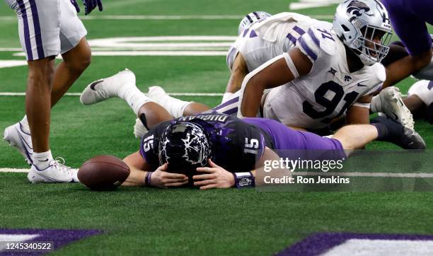 Max Duggan of the TCU Horned Frogs reacts after being called down just short of the goal line in overtime against the Kansas State Wildcats the Big...