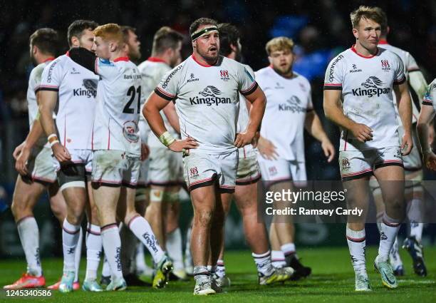 Dublin , Ireland - 3 December 2022; Rob Herring, left, and Stewart Moore of Ulster dejected after the United Rugby Championship match between...