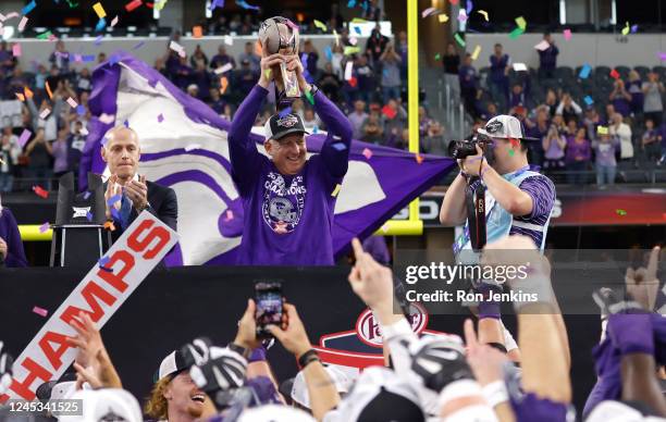 Head coach Chris Klieman of the Kansas State Wildcats celebrates the teams 31-28 overtime over the TCU Horned Frogs in the Big 12 Football...