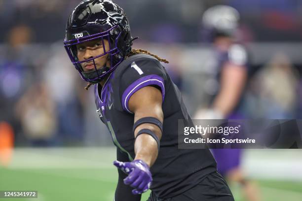 Horned Frogs wide receiver Quentin Johnston checks with the sideline judge during the Big 12 Championship game between TCU and Kansas State on...