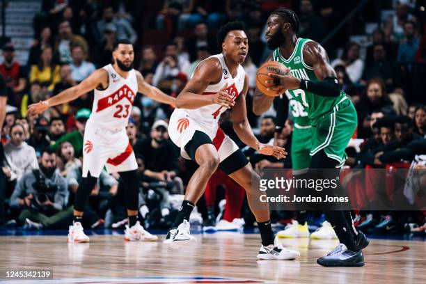 Jaylen Brown of the Boston Celtics looks to pass the ball during a preseason game against the Toronto Raptors on October 14, 2022 at the Bell Centre...