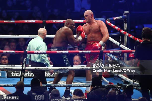 Fury catches Chisora with an uppercut during the Tyson Fury v Derek Chisora Heavyweight Boxing at Tottenham Hotspur Stadium on December 3, 2022 in...